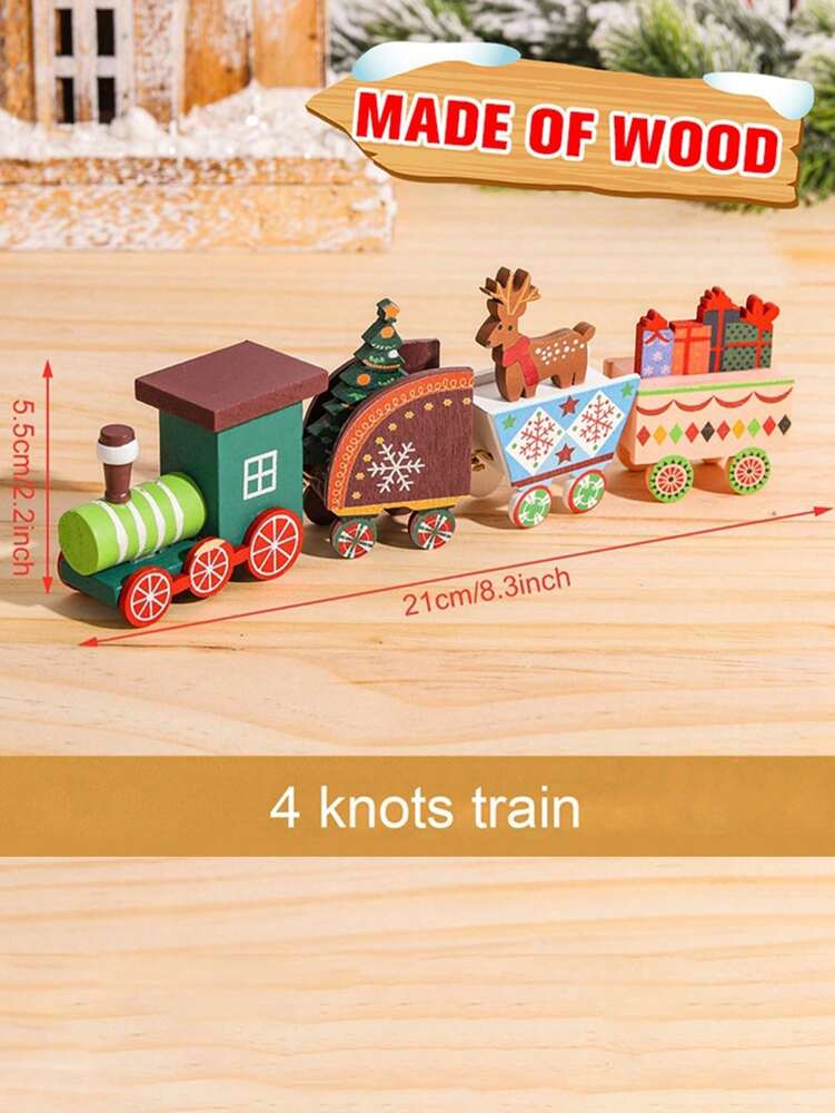 Christmas Wooden Train Ornament, Four-Section Holiday Decoration for Table, Fireplace & Garden Christmas Home or Office Decor