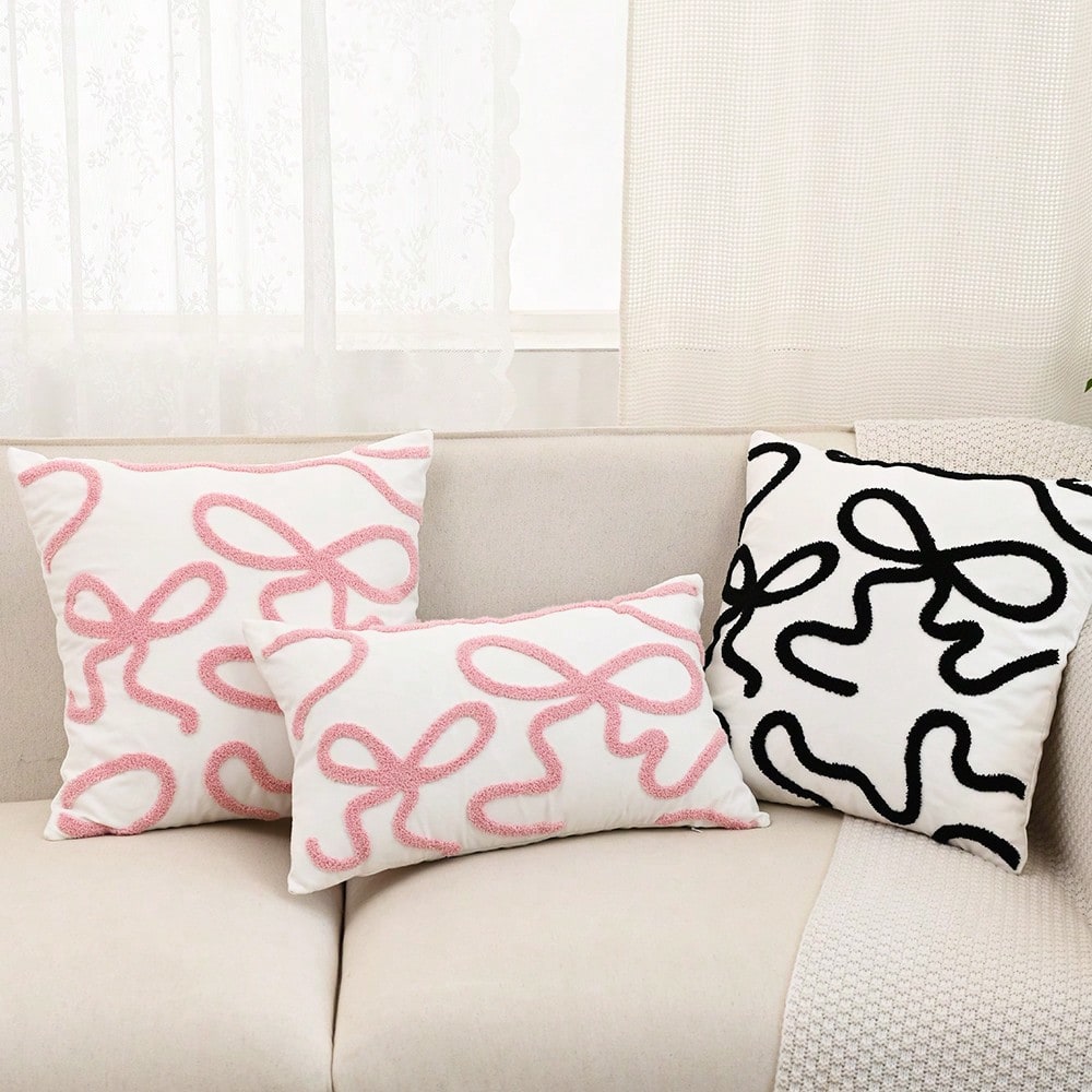 1pc 3D Bow Embroidered Pillow Cover, Cute Decorative Cushion Case for Sofa or Bedroom, Soft Girly Design Without Insert