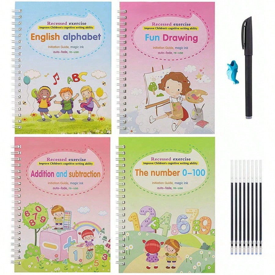 4pcs Magical Reusable Handwriting Workbooks, Magic Calligraphy Copybook Set with Pen and Refills, Fun Tracing Practice Books for Preschool Writing