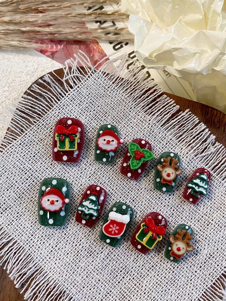 10pcs Short Square Christmas Press On Nails, Red And Green Design With 3D Holiday Charms, Acrylic Nail Set For Women Wedding Or Festival Wear