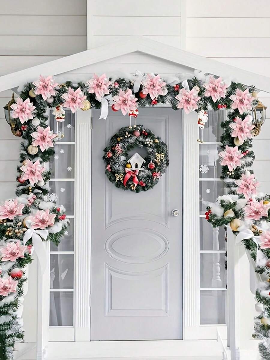 10pcs Blue Poinsettia Christmas Tree Flowers, 5.7" Artificial Holiday Ornaments, Reusable Feather-Free Floral Decorations for Xmas Trees & Home Décor