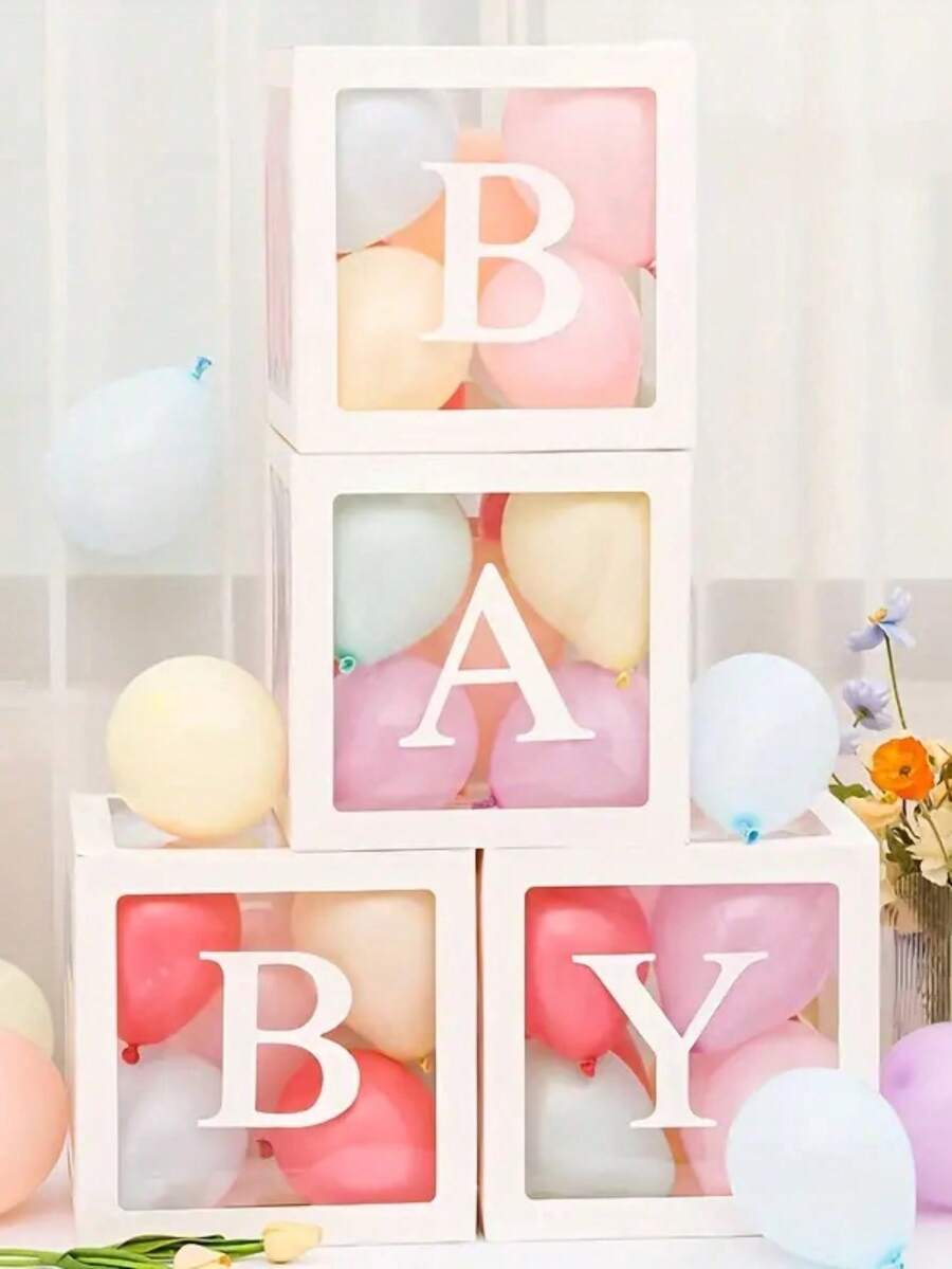 8pcs Transparent Baby Shower Boxes Set, 25cm Letter Balloon Boxes for Gender Reveal Party, Baby Boy or Girl Shower Decorations and Photography Props