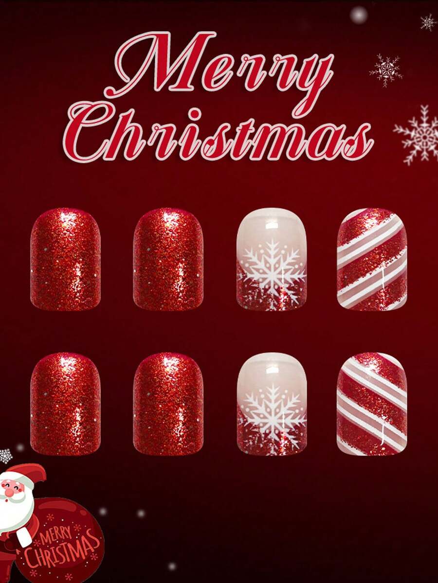 24pcs Short Square Christmas Press On Nails, Cute Snowman And Red Glitter French Tips, Jelly Gel & File Included, Holiday Nail Set For Women