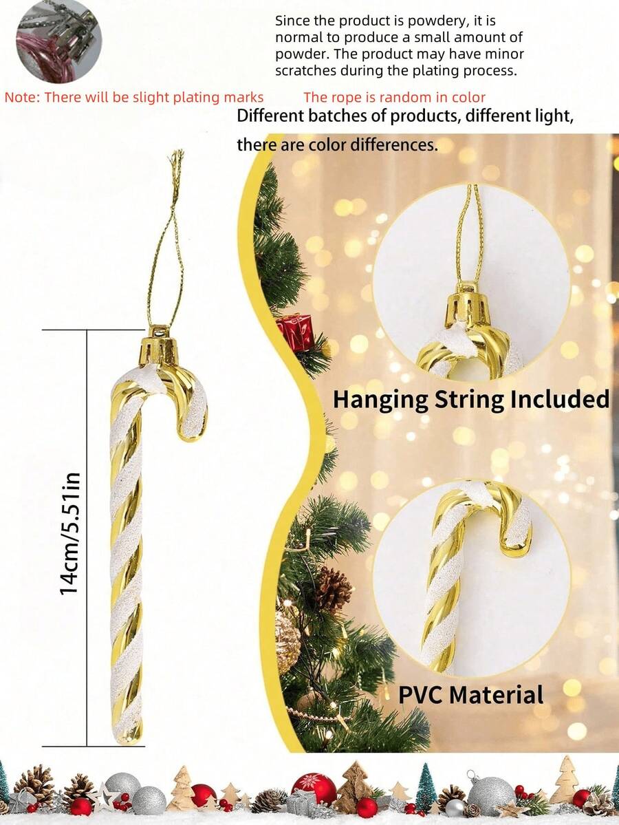 12pcs Pink Glitter Candy Cane Christmas Ornaments, 5.5" Plastic Hanging Decorations for Christmas Trees & Holiday Displays