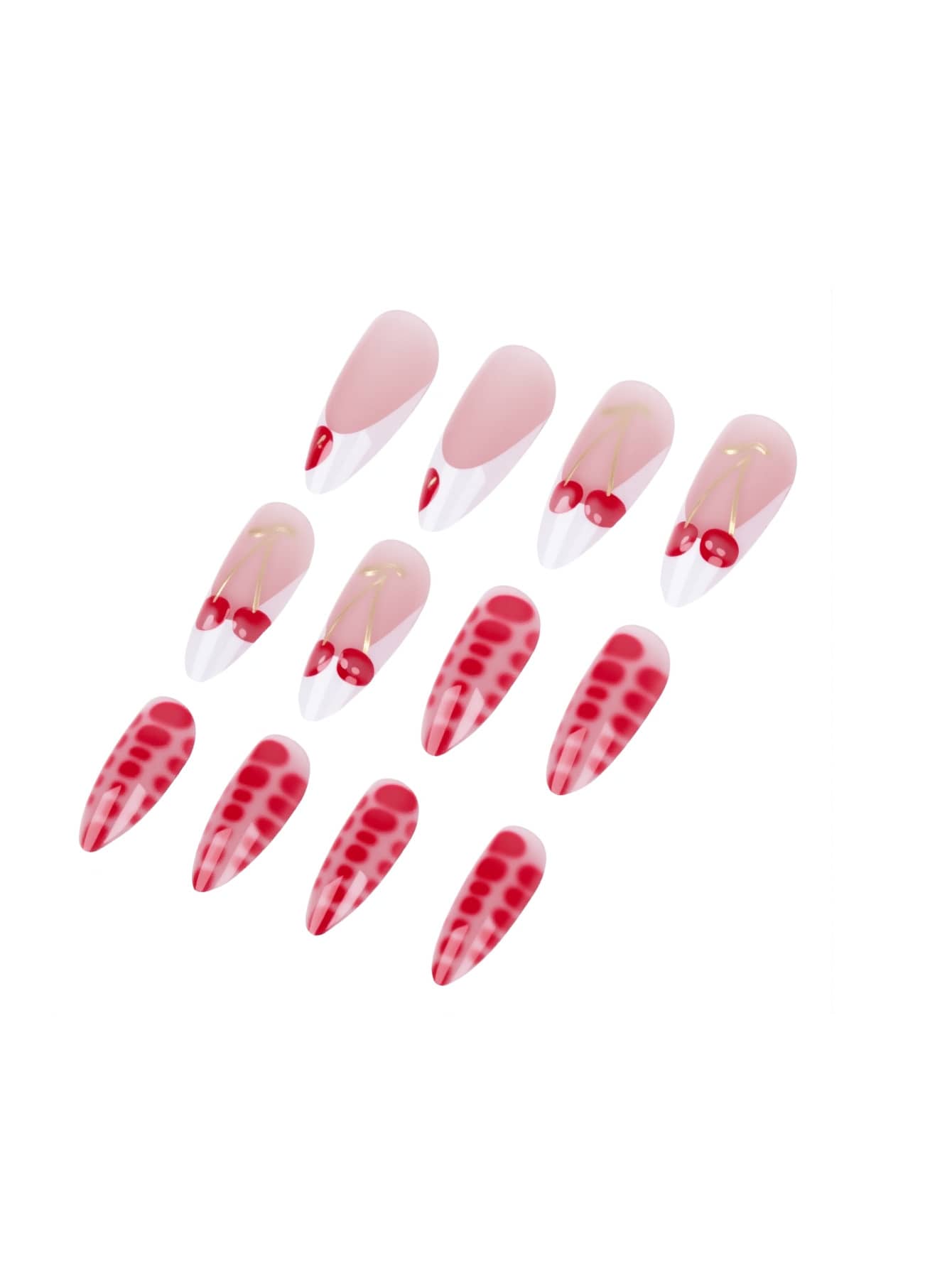 24pcs Long Stiletto French Press On Nails, White Red Cherry Pattern With 3D Bow And Pearl Decor, Romantic Bling Nail Set For Party Look