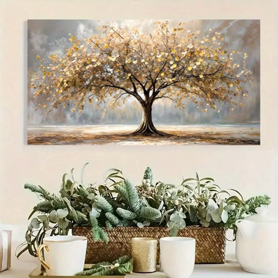1pc Tree of Life Canvas Wall Art, Golden Autumn Landscape Print, Modern Minimalist Home Decor for Living Room or Bedroom