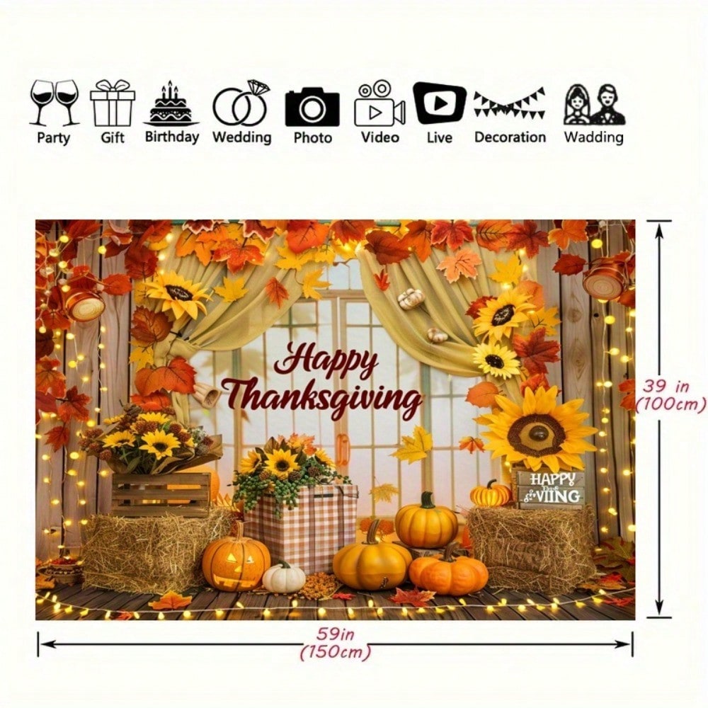 Thanksgiving Polyester Banner Backdrop, Pumpkin and Sunflower Harvest Theme, Non-Electric Autumn Decoration for Wall, Party, or Photo Booth Display
