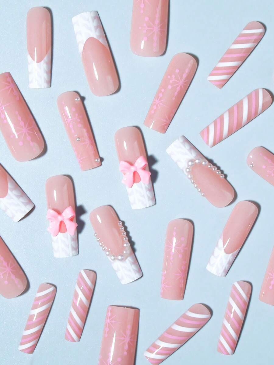 24pcs Christmas Press-On Nails, Short Square Snowman Design with Glitter French Tips, Acrylic False Nail Set with Jelly Glue & File for Holiday Wear