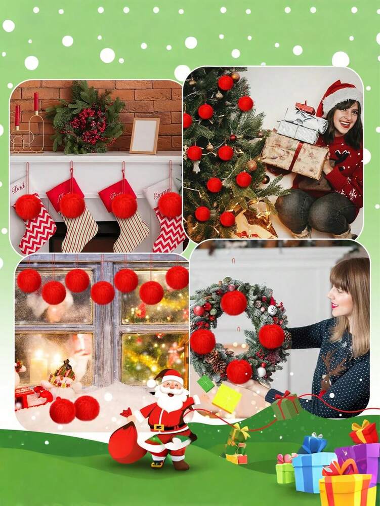 12pcs Red Fluffy Christmas Ball Ornament Set, Soft Faux Fur Tree Decorations for Home, Fireplace or Party Holiday Décor