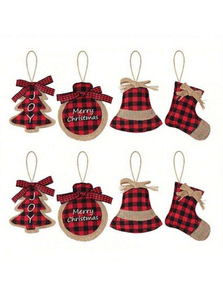 8pcs Buffalo Plaid Fabric Ball Ornaments, Christmas Tree Hanging Decorations, Rustic Red and Black Check Fabric Balls for Farmhouse Holiday Style
