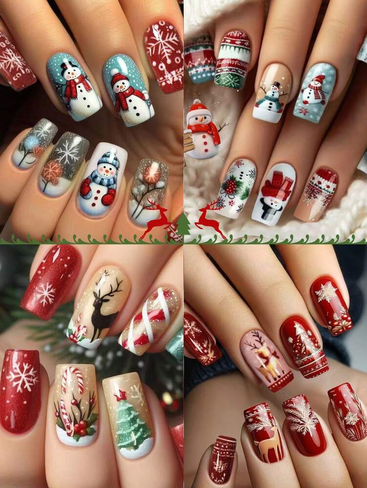 96pcs Christmas Press On Nails Short Square Mixed Set, Snowflake, Elk, Tree And Star Design, French Tip False Nails With Jelly Glue & File