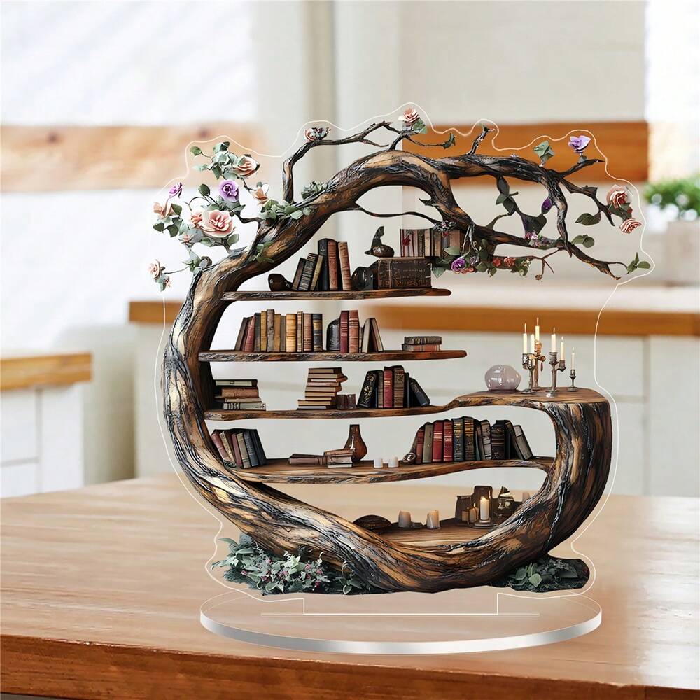 2D Tree of Life Acrylic Decor with Wooden Base, Modern Forest Desktop Ornament & Organizer for Living Room, Office or Bedroom, Unique Gift Idea (1pc)