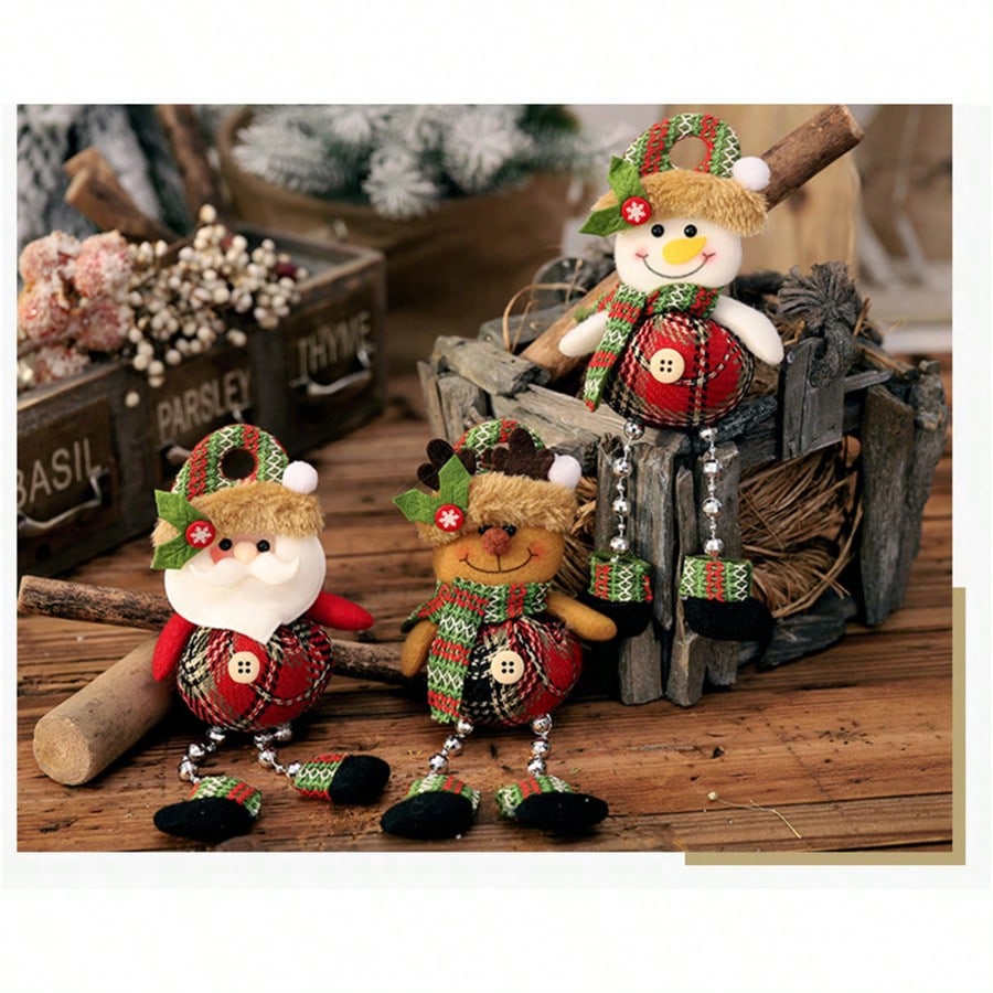 3pcs Felt Christmas Hanging Ornaments, Plaid Bead Leg Pendants with Cute Cartoon Designs, Perfect for Tree, Window, and Home Holiday Decorations