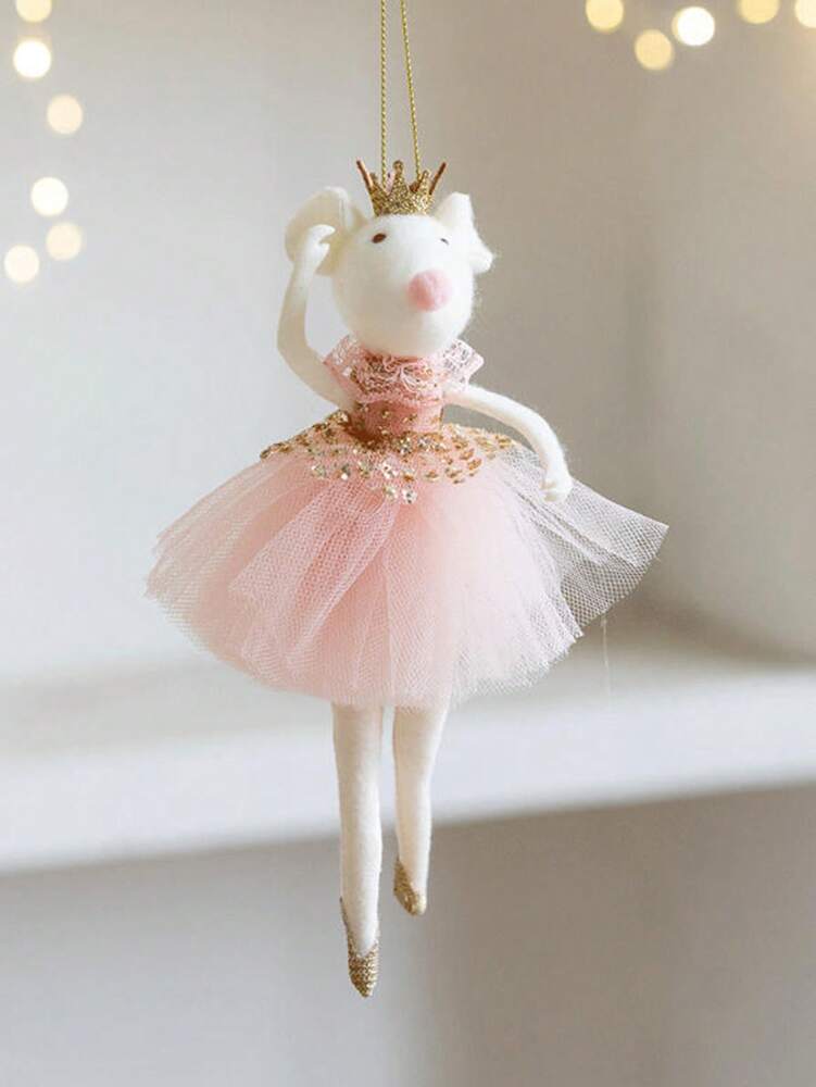 Pink Mesh Skirt Mouse Ornament with Golden Crown, Cute Christmas Tree Pendant, Aesthetic Holiday Decoration for Bedroom, Living Room or Office Decor