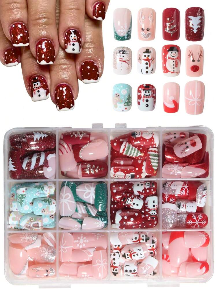 288pcs Short Square Mixed Christmas Press On Nails, Gingerbread Santa Snowman Light Strip Elk Theme, Large Acrylic Nail Set For Holiday Gift