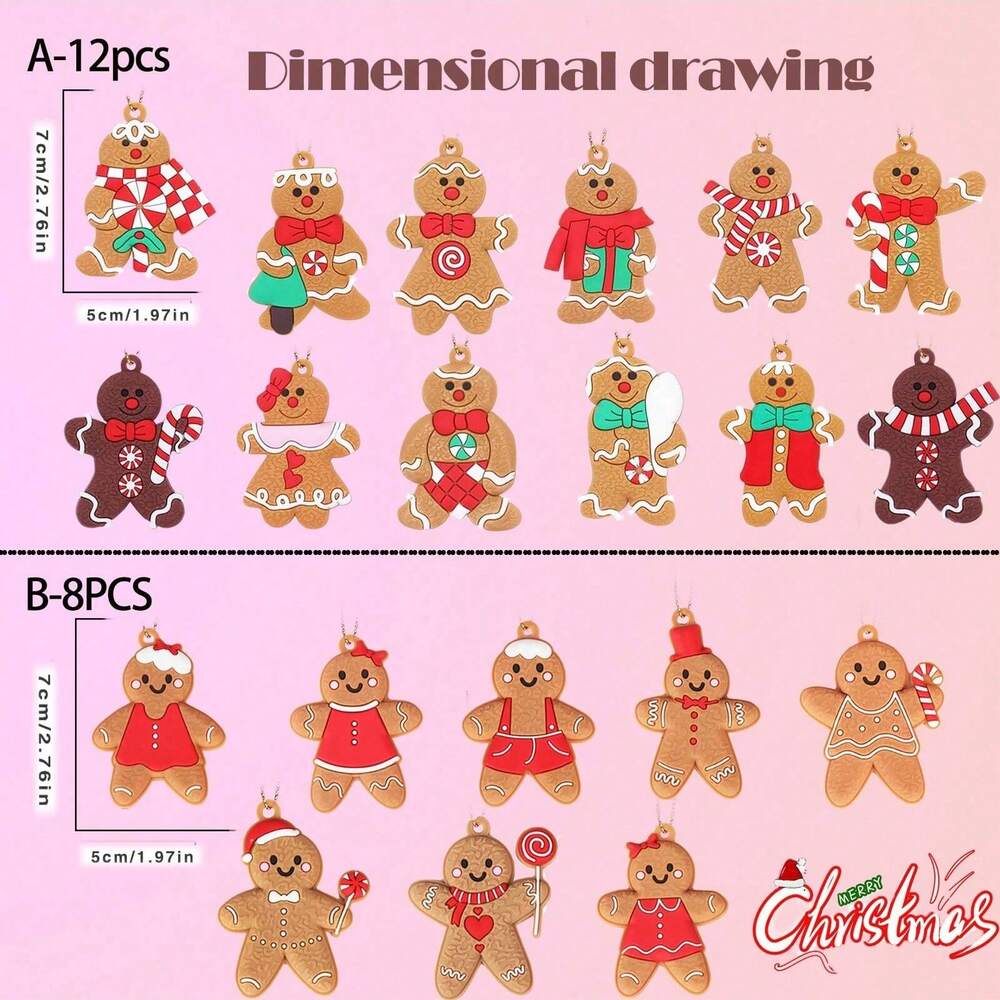 20pcs Gingerbread Ornaments for Christmas Tree, Cute Gingerbread Man Holiday Decorations for Tree & Home Decor