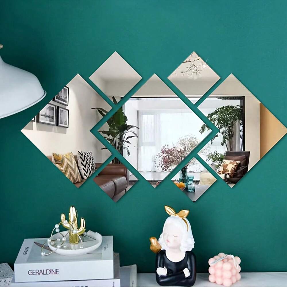 7pcs Square Acrylic Mirror Wall Stickers, 3D Rhombus & Rectangular Self-Adhesive Shatterproof Removable Mirrors for Home or Office Decor
