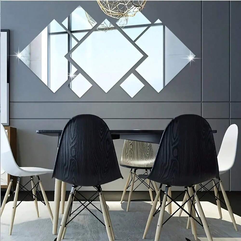 7pcs Square Acrylic Mirror Wall Stickers, 3D Rhombus & Rectangular Self-Adhesive Shatterproof Removable Mirrors for Home or Office Decor