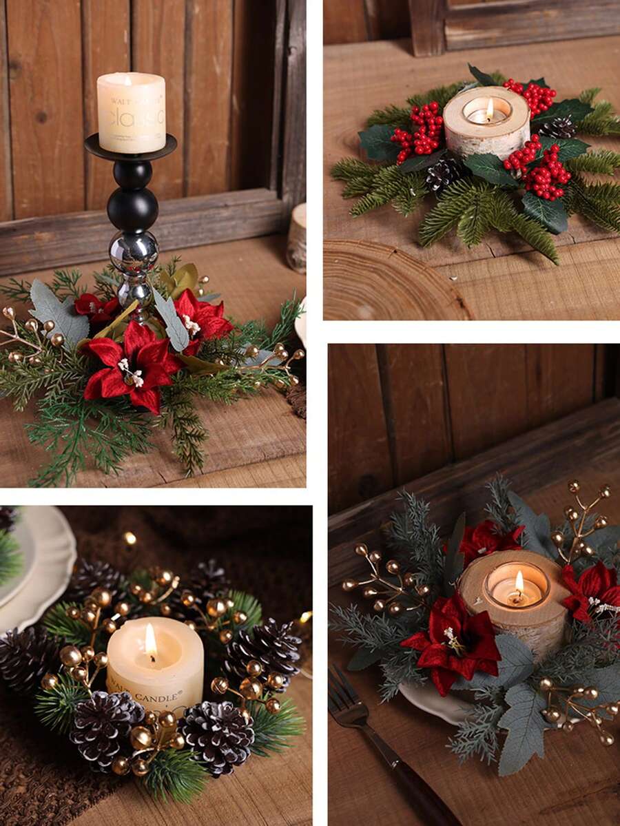 Christmas Candle Ring Holder with Red Flowers, Gold Berries & Greenery, Holiday Table Centerpiece