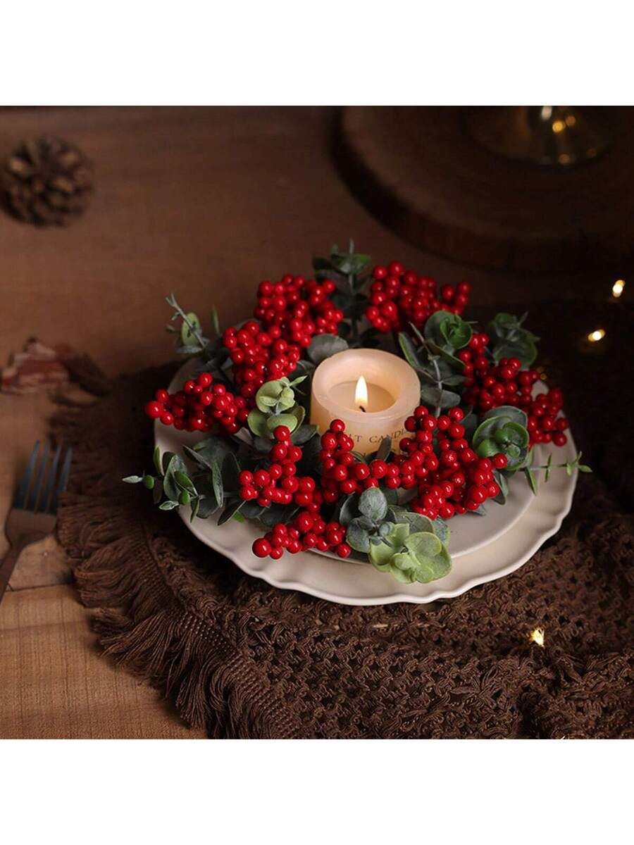 Christmas Candle Ring Holder with Red Flowers, Gold Berries & Greenery, Holiday Table Centerpiece