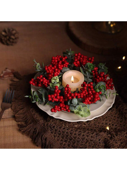 Christmas Candle Ring Holder with Red Flowers, Gold Berries & Greenery, Holiday Table Centerpiece