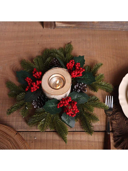 Christmas Candle Ring Holder with Red Flowers, Gold Berries & Greenery, Holiday Table Centerpiece