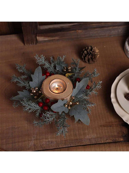 Christmas Candle Ring Holder with Red Flowers, Gold Berries & Greenery, Holiday Table Centerpiece