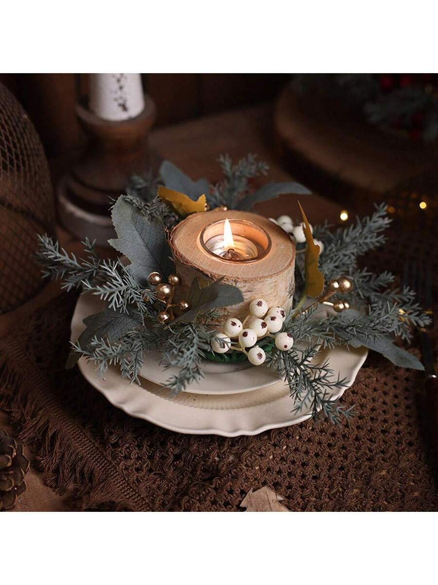 Christmas Candle Ring Holder with Red Flowers, Gold Berries & Greenery, Holiday Table Centerpiece