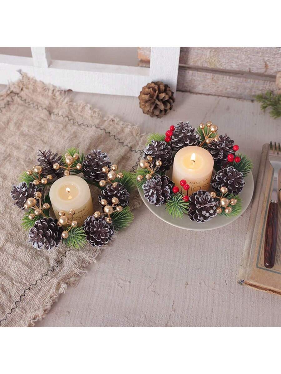Christmas Candle Ring Holder with Red Flowers, Gold Berries & Greenery, Holiday Table Centerpiece