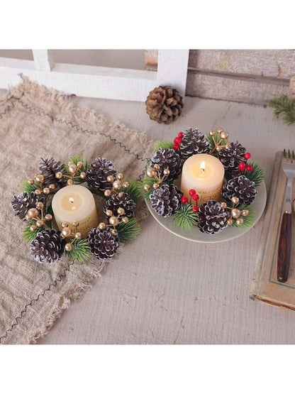 Christmas Candle Ring Holder with Red Flowers, Gold Berries & Greenery, Holiday Table Centerpiece