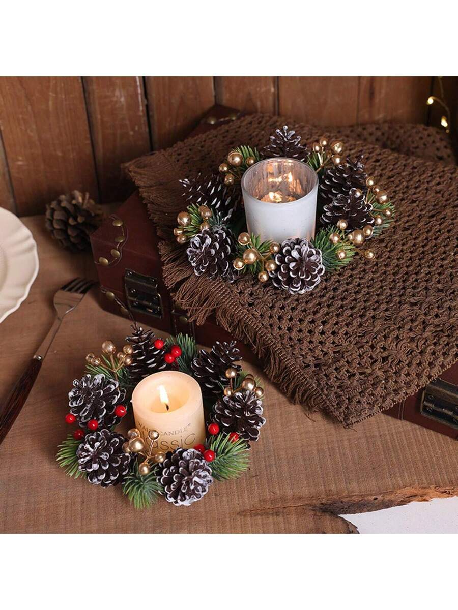 Christmas Candle Ring Holder with Red Flowers, Gold Berries & Greenery, Holiday Table Centerpiece