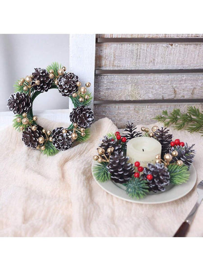 Christmas Candle Ring Holder with Red Flowers, Gold Berries & Greenery, Holiday Table Centerpiece