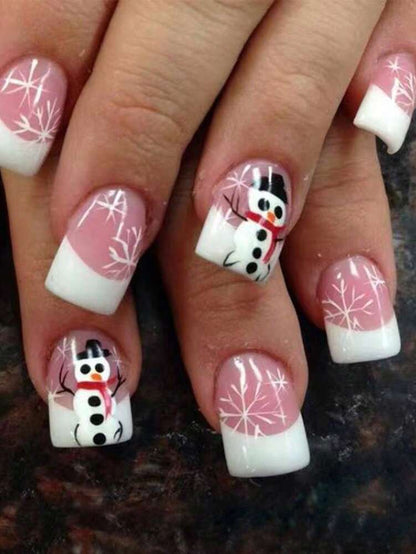 24pcs Christmas Press-On Nails, Short Square Snowman Design with Glitter French Tips, Acrylic False Nail Set with Jelly Glue & File for Holiday Wear
