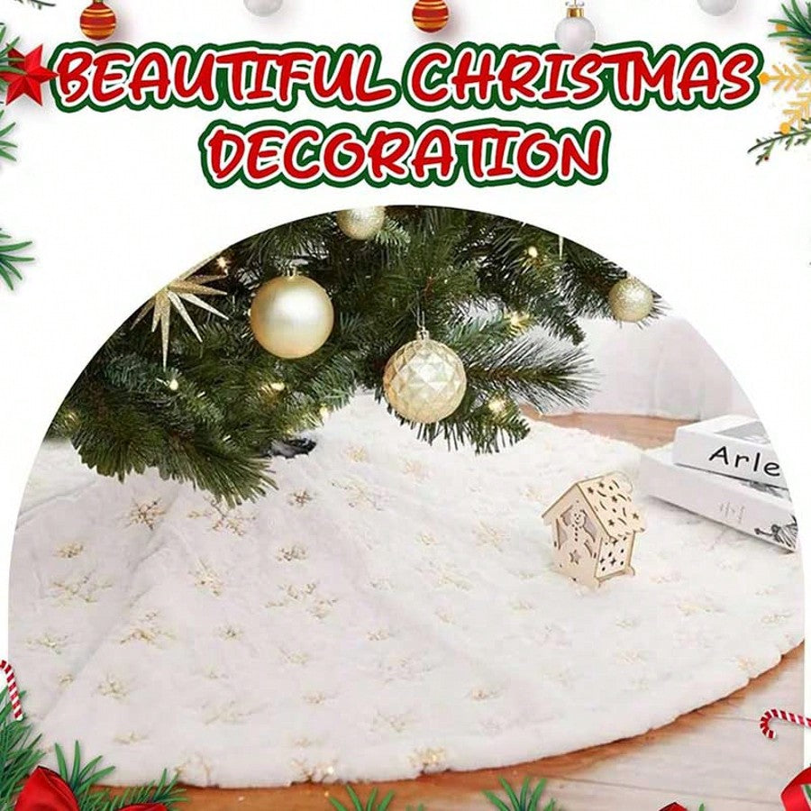 35-Inch White Plush Christmas Tree Skirt, Thick Velvet Tree Base Blanket with Lace Trim, Also Available in 60/90cm, Elegant Holiday Home Decor