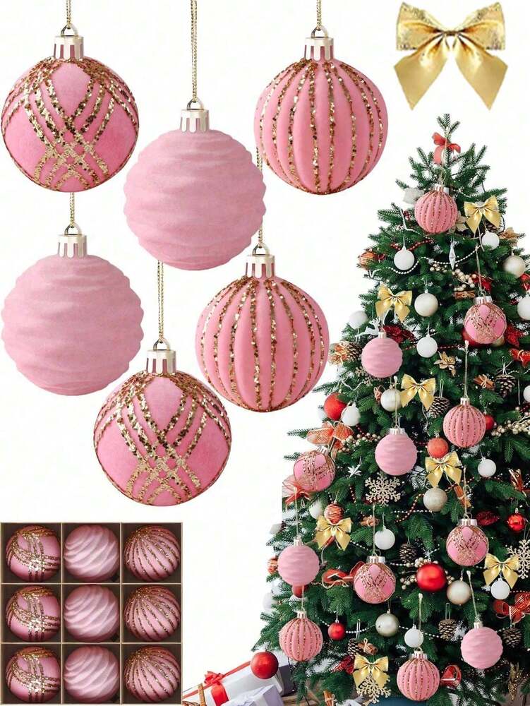 9pcs Green Velvet Christmas Tree Ball Ornaments, Flocked Painted Shatterproof Hanging Décor for Holiday Trees & Home Display