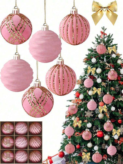 9pcs Green Velvet Christmas Tree Ball Ornaments, Flocked Painted Shatterproof Hanging Décor for Holiday Trees & Home Display