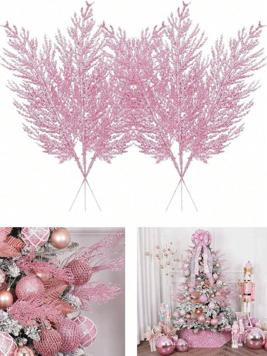 20pcs Glitter Cedar Pine Needles with Sequins, Artificial Blue and Pink Leaves for DIY Garlands, Wedding Bouquets, and Winter Holiday Home Decor