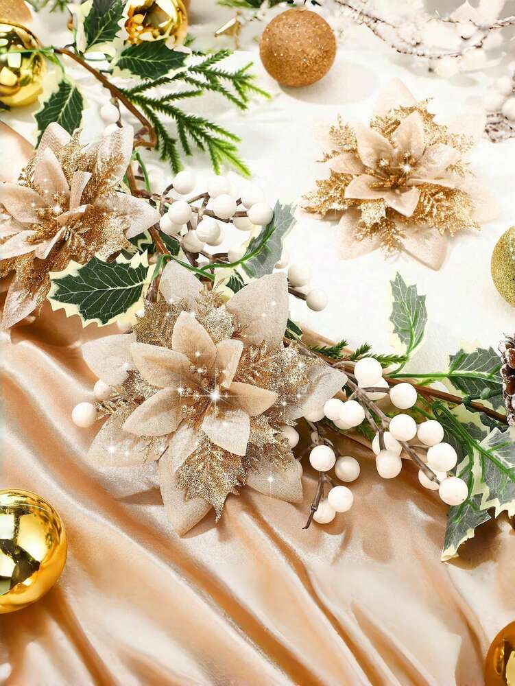10-Piece Champagne Gold Poinsettia Set, Glitter Artificial Christmas Flowers for Tree, Wreath & Vase Decor, Elegant Holiday Home & Wedding Decorations