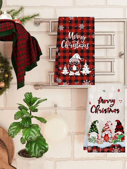 2pcs Christmas Gnome Hand Towels, Red & Black Plaid Microfiber Kitchen & Bathroom Towels, Soft Absorbent Holiday Home Decor