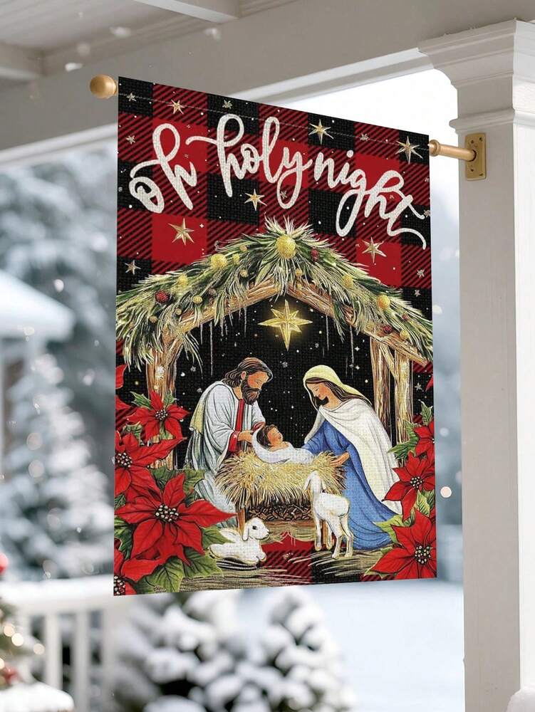 Christmas Night Garden Flag 12x18 inch, Double-Sided Linen Yard Flag with Jesus and Red Plaid Design, Festive Farmhouse Outdoor Winter Decoration