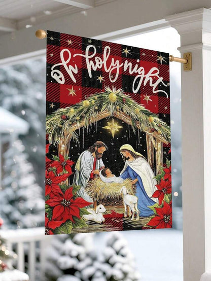 Christmas Night Garden Flag 12x18 inch, Double-Sided Linen Yard Flag with Jesus and Red Plaid Design, Festive Farmhouse Outdoor Winter Decoration