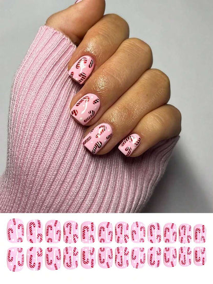 24pcs Short Press On Nails, Red And Green Candy Cane Christmas Design, False Nails For Women, Easy To Apply Holiday Nail Supplies