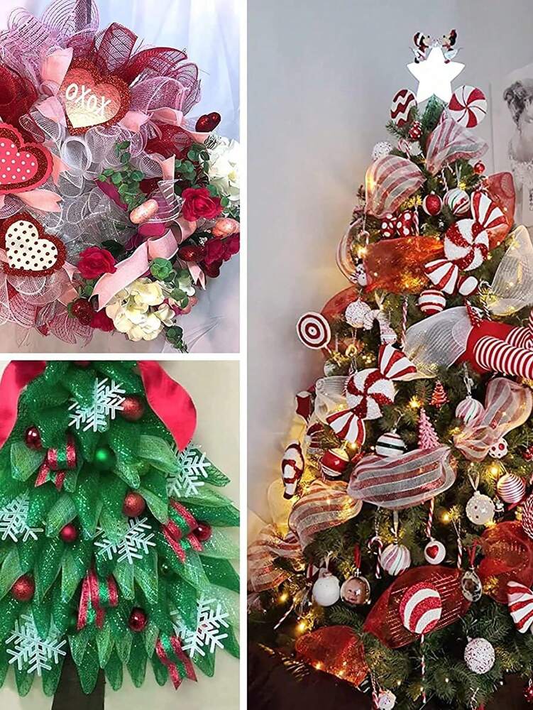 10 Yards Christmas Glitter Mesh Ribbon Roll, Shimmering DIY Craft Material for Gift Wrapping, Flower Bows, and Holiday Wreath Decorations