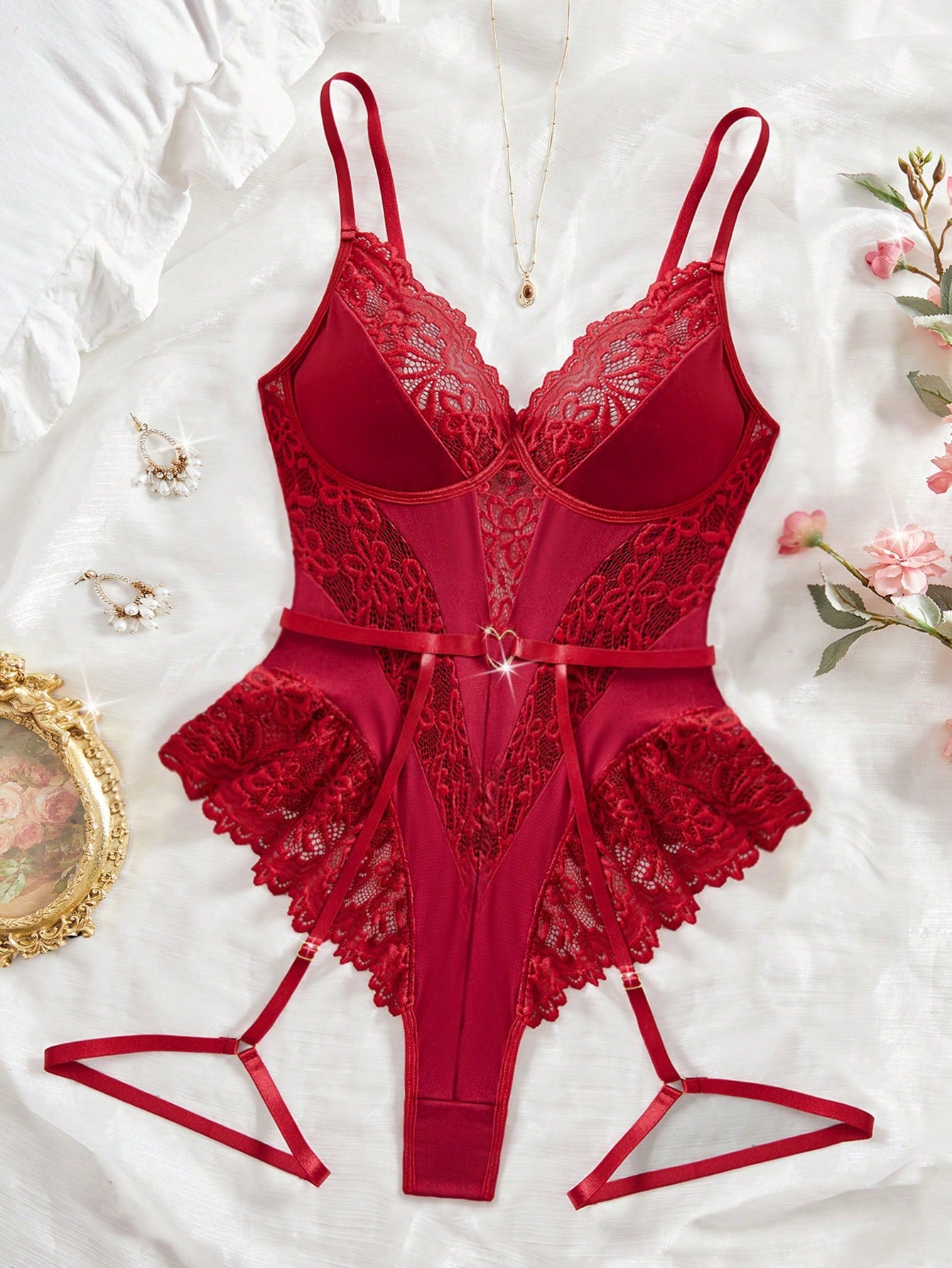 2pcs Women Lace Patchwork Bodysuit Set (No Underwire, No Garter), Lightweight Fabric Construction, Coordinated Two-Piece Structure, Suitable For General Wear And Styling