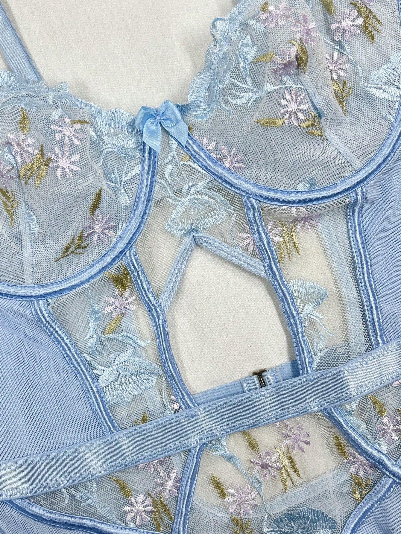 3-Piece Floral Embroidery Mesh Underwire Teddy Bodysuit Lingerie