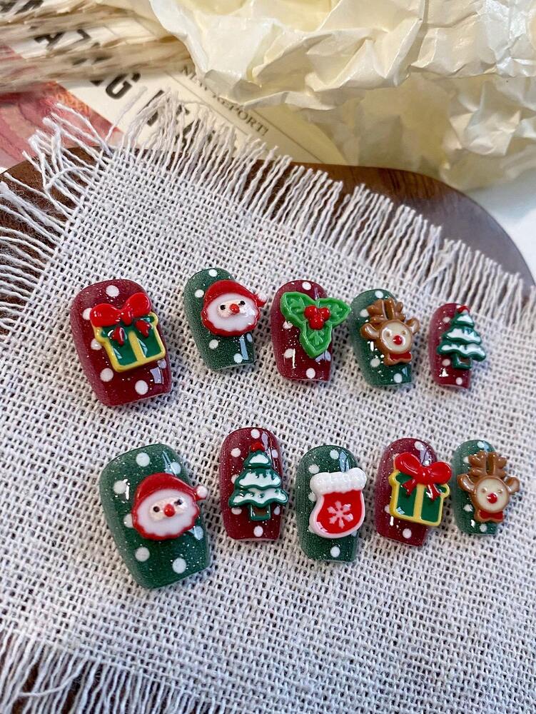 10pcs Short Square Christmas Press On Nails, Red And Green Design With 3D Holiday Charms, Acrylic Nail Set For Women Wedding Or Festival Wear