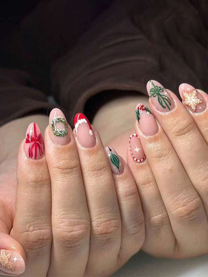 24pcs Almond Christmas Press On Nails, Red Santa Hat Short False Nails, Holiday Nail Set For Women, Office, Date, Party & Everyday Wear