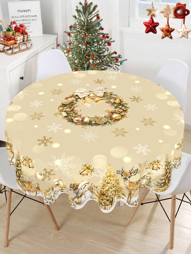 Festive Christmas Tablecloth with Snowman & Reindeer Wreath Design, Polyester Winter Table Cover for Dining Room & Kitchen Holiday Decor