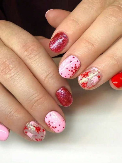 24pcs Short Red Christmas Press On Nails, Snowflake Glitter Design, Blue And Red Winter False Nails For Women, Easy To Apply Nail Supplies