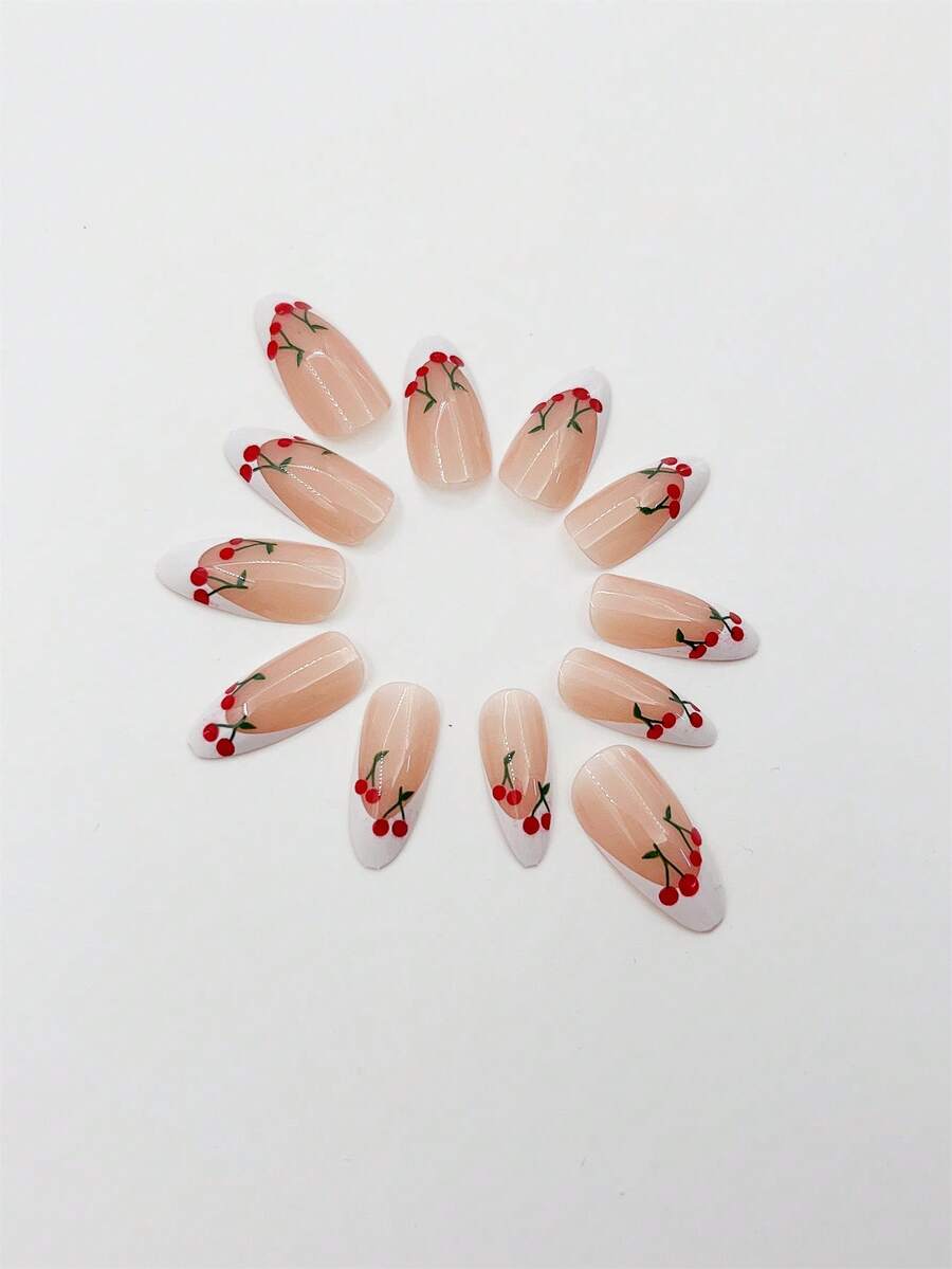 24pcs Long Coffin Cherry Press On Nails, 3D Glossy Painted Fruit Design, Handmade Acrylic Nail Set With Glue & File For Women Party Wear
